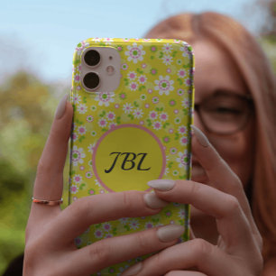 Retro Mod Flowers Yellow & White Monogram iPhone 12 Case