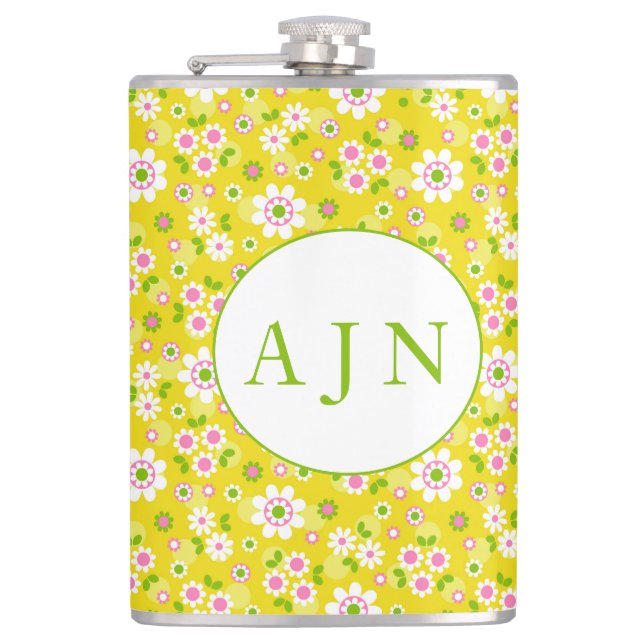 Retro Mod Flowers Yellow & White Monogram  Hip Flask (Front)