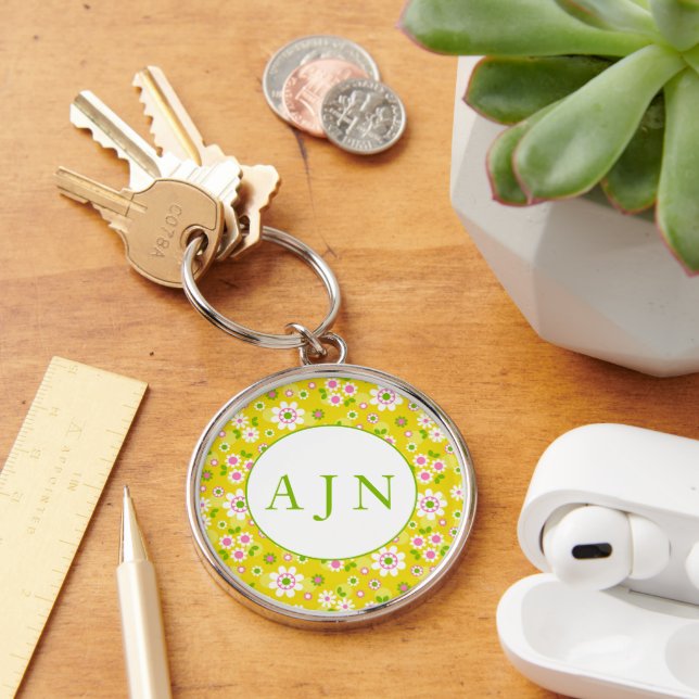 Retro Mod Flowers Yellow & White Monogram  Key Ring (Desk)