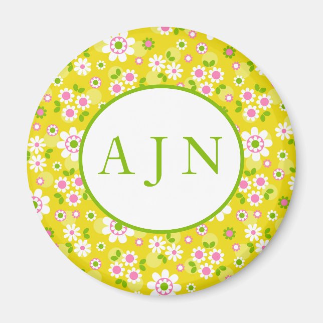 Retro Mod Flowers Yellow & White Monogram   Magnet (Front)