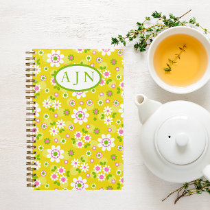 Retro Mod Flowers Yellow & White Monogram Notebook