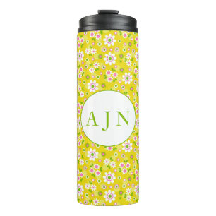 Retro Mod Flowers Yellow & White Monogram  Thermal Tumbler