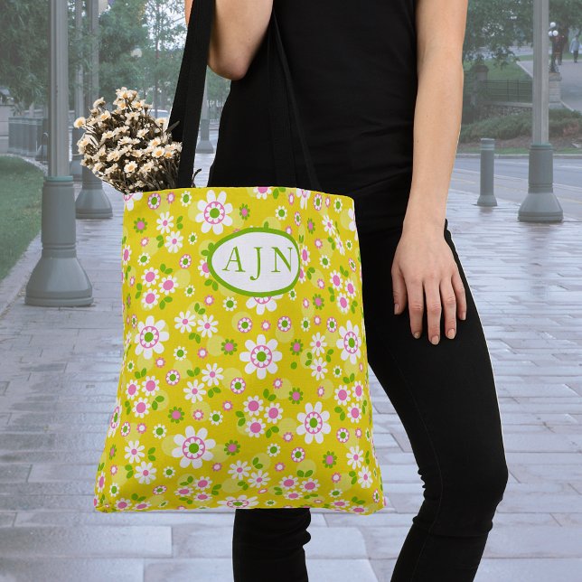 Retro Mod Flowers Yellow & White Monogram Tote Bag (Creator Uploaded)