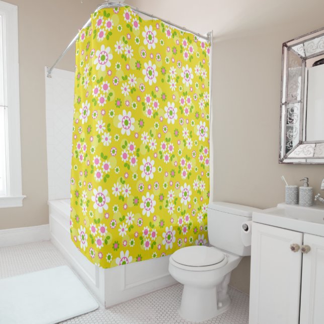 Retro Mod Flowers Yellow & White Shower Curtain (In Situ)