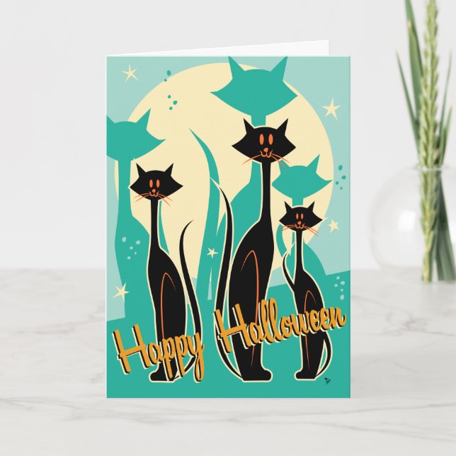Retro Mod Kitty Trio Halloween Greeting Card (Front)