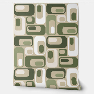 Retro Mod Ovals Beige Green  Wallpaper