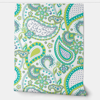 Retro Mod Paisley Aqua Blue Lime Sage Green Indigo Wallpaper