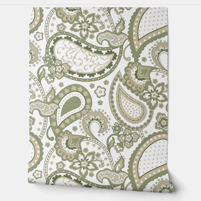 Retro Mod Paisley Olive Sage Green Beige Wallpaper (Unrolling)