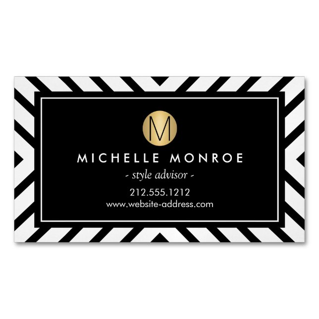 Retro Mod Pattern Gold Monogram Magnetic Magnetic Business Card (Front)