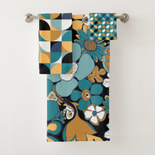 Retro Mod Patterns Aqua Teal Mustard Black White Bath Towel Set