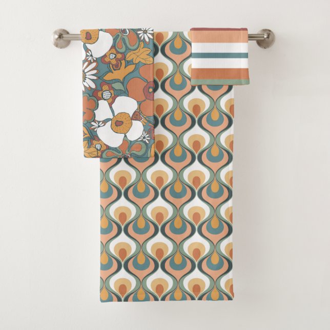 Retro Mod Patterns Sage Teal Terracotta Orange Bath Towel Set (Insitu)