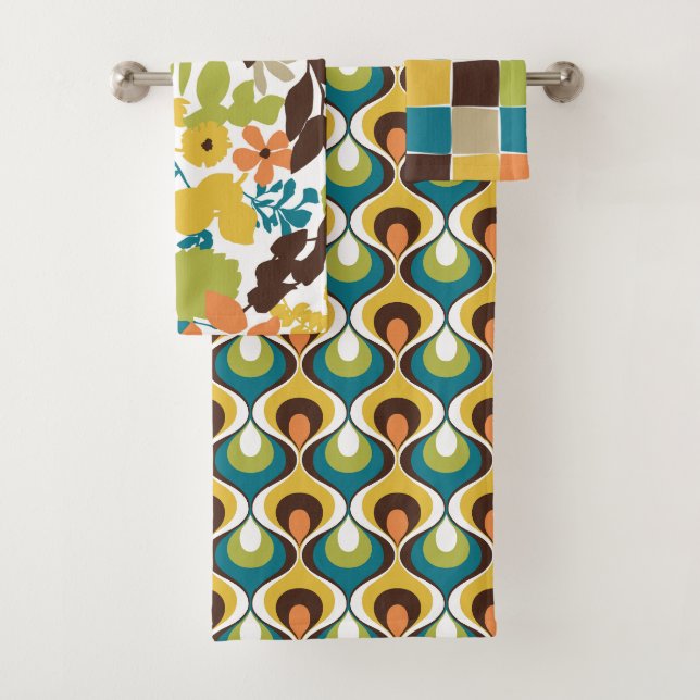 Retro Mod Patterns Teal Orange Mustard Green Bath Towel Set (Insitu)