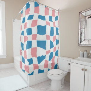 Retro Mod Pink Blue Checkerboard Abstract Shower Curtain