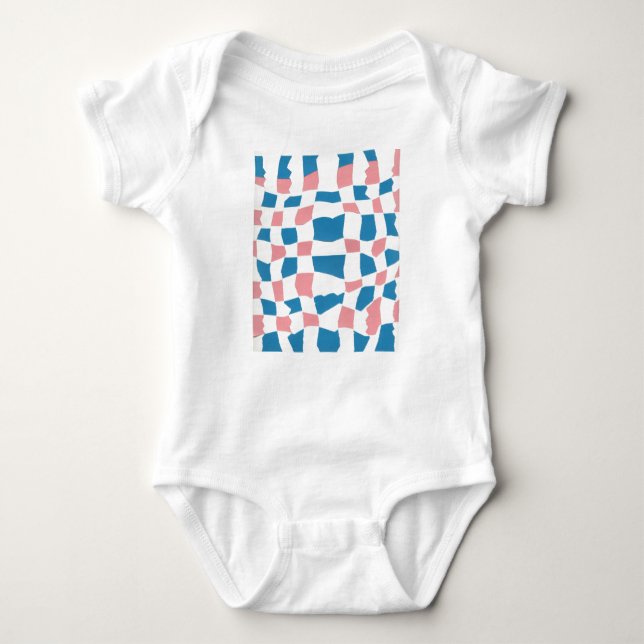 Retro Mod Pink Blue Chequerboard Abstract Baby Bodysuit (Front)