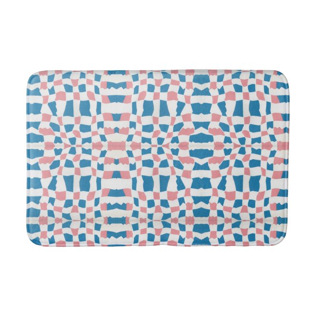 Retro Mod Pink Blue Chequerboard Abstract Bath Mat (Front)
