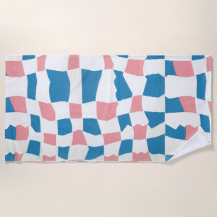 Retro Mod Pink Blue Chequerboard Abstract Beach Towel