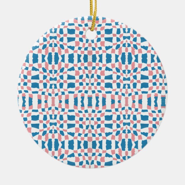 Retro Mod Pink Blue Chequerboard Abstract Ceramic Ornament (Front)