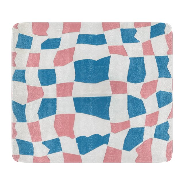 Retro Mod Pink Blue Chequerboard Abstract Cutting Board (Front)