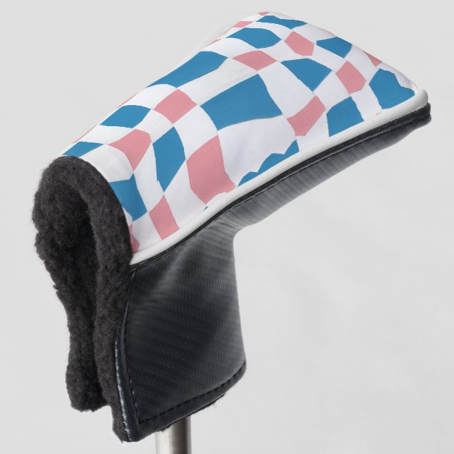 Retro Mod Pink Blue Chequerboard Abstract Golf Head Cover (3/4 Front)