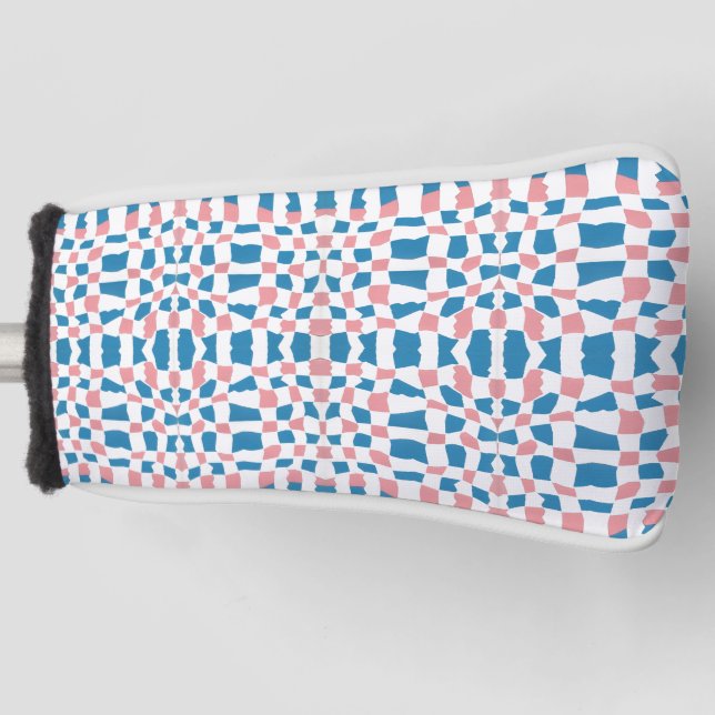 Retro Mod Pink Blue Chequerboard Abstract Golf Head Cover (Front)