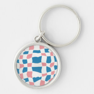 Retro Mod Pink Blue Chequerboard Abstract Key Ring