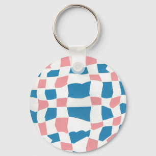 Retro Mod Pink Blue Chequerboard Abstract Key Ring