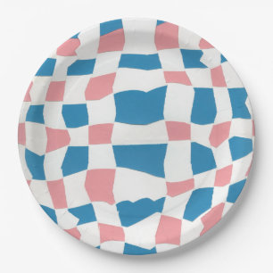 Retro Mod Pink Blue Chequerboard Abstract Paper Plate