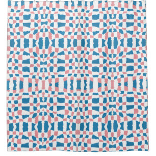 Retro Mod Pink Blue Chequerboard Abstract Shower Curtain