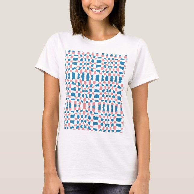 Retro Mod Pink Blue Chequerboard Abstract T-Shirt (Front)