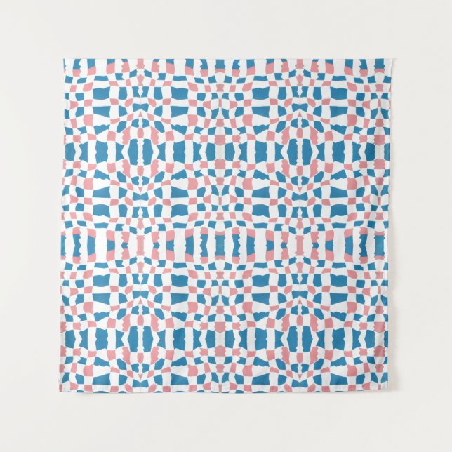 Retro Mod Pink Blue Chequerboard Abstract Tapestry (Front)