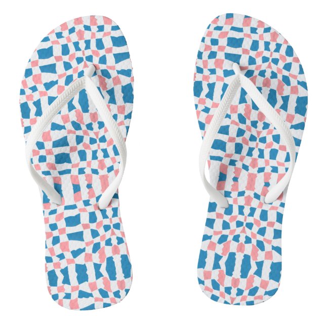 Retro Mod Pink Blue Chequerboard Abstract Thongs (Footbed)