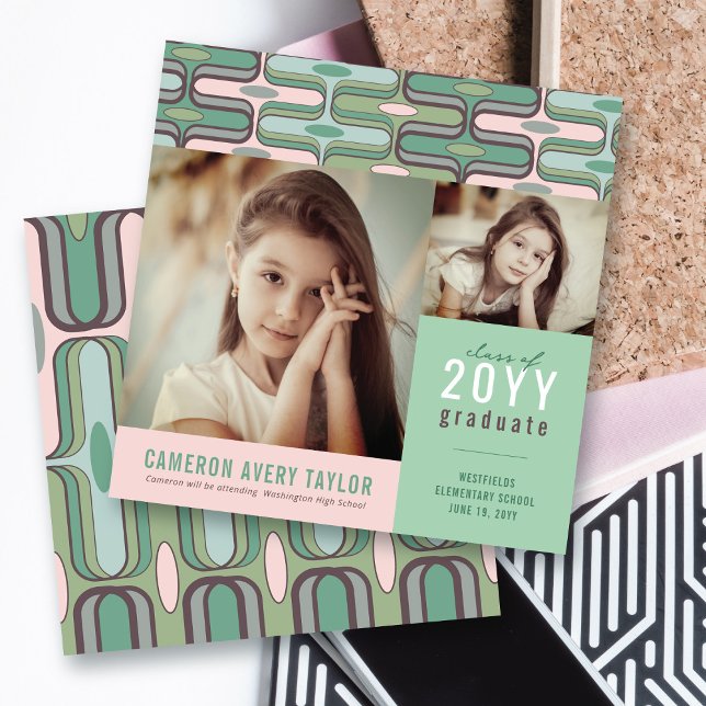 Retro Mod Pink & Mint Ogee 2 Photo Graduation Invitation (Retro Mod Pink & Mint Green Ogee Zig Zag, 2 Photo Graduation Invitation @ zazzle.com/color_therapy)