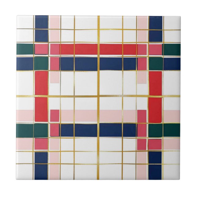 Retro MOD Plaid Red Blue Gold Christmas Ceramic Tile (Front)
