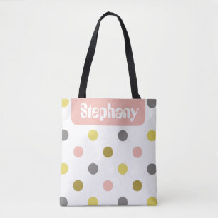Retro Mod Polka Dots Pink Yellow Name Personalized Tote Bag