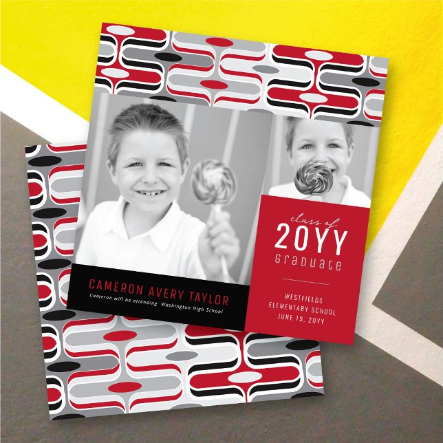 Retro Mod Red & Black Ogee 2 Photo Graduation Announcement (Retro Mod Pink & Mint Green Ogee Zig Zag, 2 Photo Graduation Invitation @ zazzle.com/color_therapy)