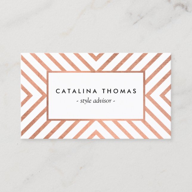 Retro Mod Rose Gold and White Pattern Business Card (Front)