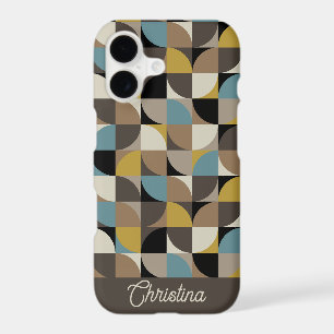 Retro Mod Squares Blue Brown Name Personalised