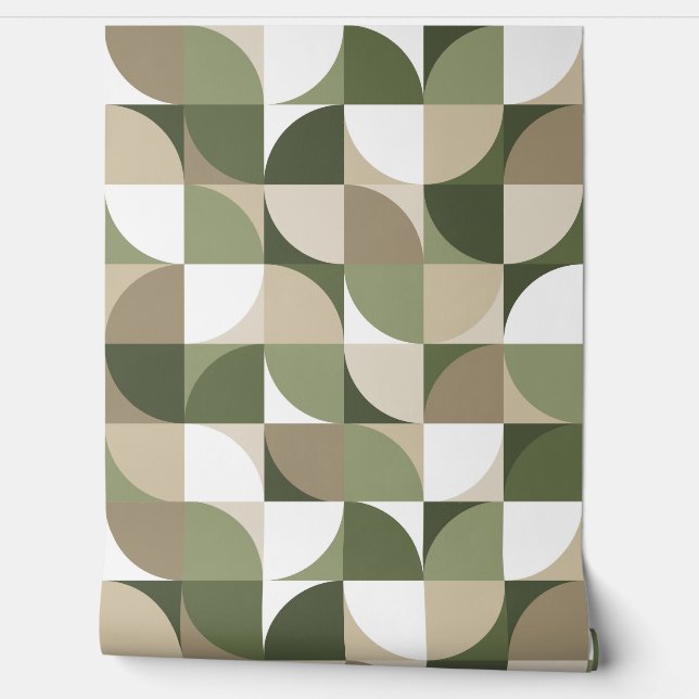 Retro Mod Squares Green Beige Wallpaper (Unrolling)