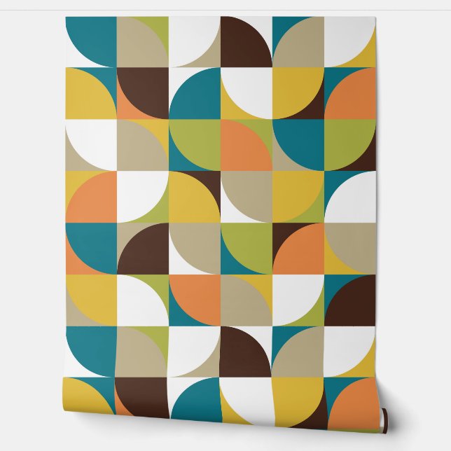 Retro Mod Squares Teal Orange Green Yellow Brown Wallpaper (Unrolling)