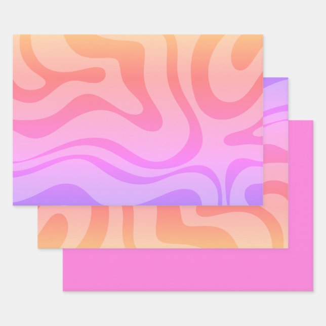 Retro Modern Abstract Liquid Swirl Pattern Pink Wrapping Paper Sheet (Set)