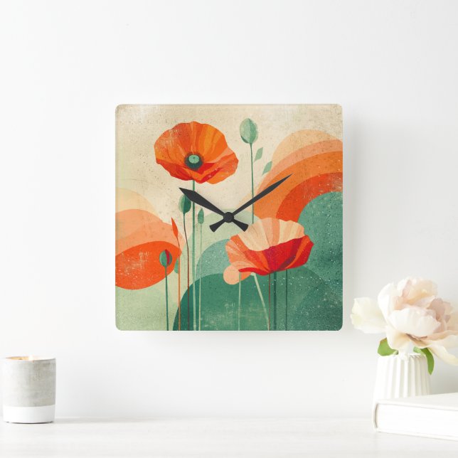 Retro Modern Abstract Poppy Floral Art Square Wall Clock (Home)