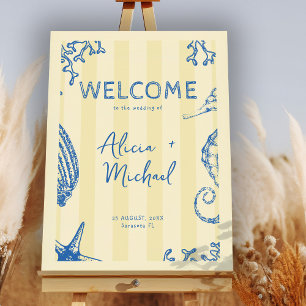 Retro modern beach striped wedding welcome sign