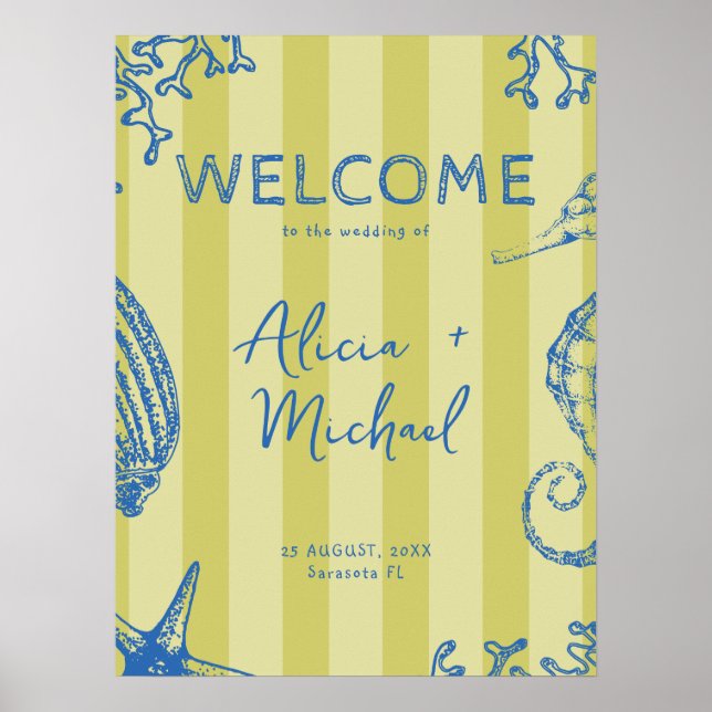 Retro modern beach striped wedding welcome sign (Front)