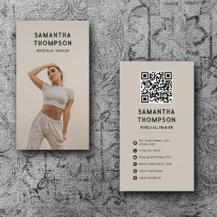 Retro Modern Beige Personal Trainer Fitness Photo Business Card