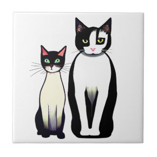 Retro Modern Black and White Cat and Kitten Ceramic Tile