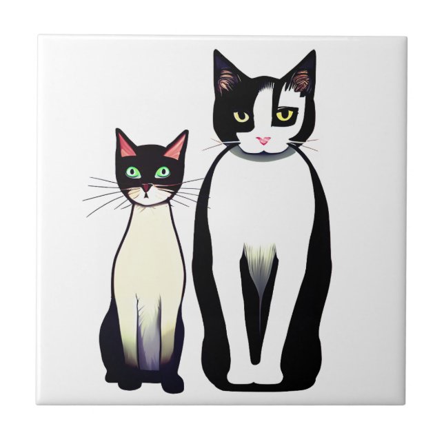 Retro Modern Black and White Cat and Kitten Ceramic Tile (Front)