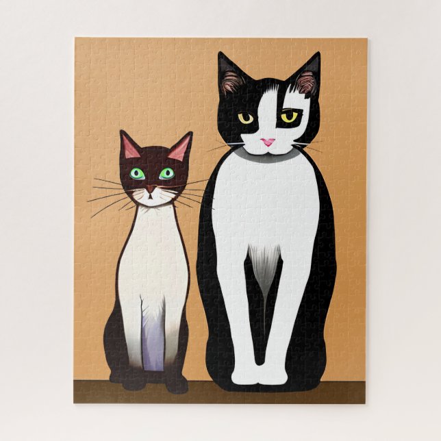 Retro Modern Black and White Cat and Kitten Jigsaw Puzzle (Vertical)
