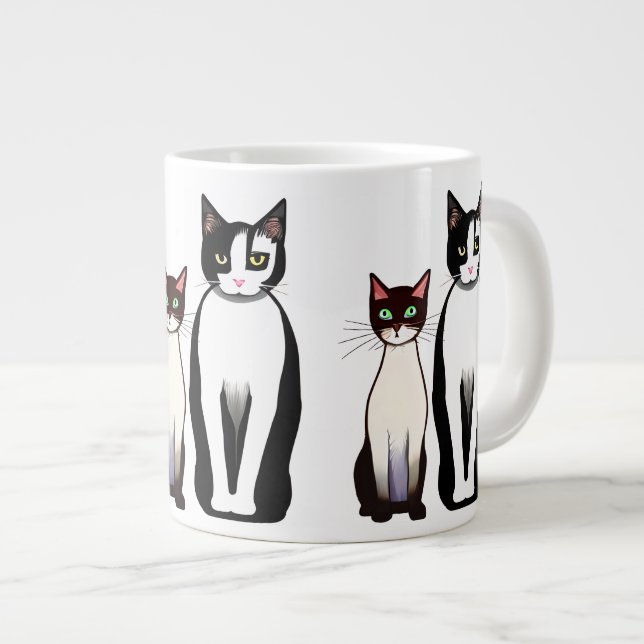Retro Modern Black and White Cat and Kitten Large Coffee Mug (Front Right)
