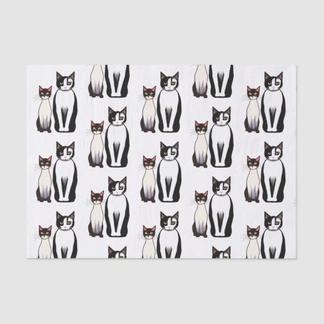 Retro Modern Black and White Cat and Kitten Tissue Paper (Front)