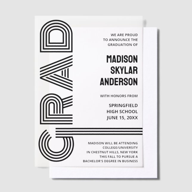 Retro Modern Black Cool Typography Graduation Vellum Invitations (Offset)